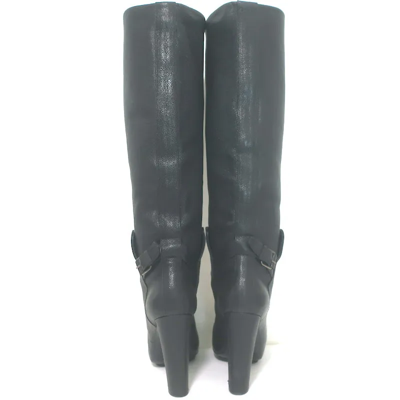 Balenciaga Buckle-Detail Knee High Platform Boots Black Pebbled Leather Size 38