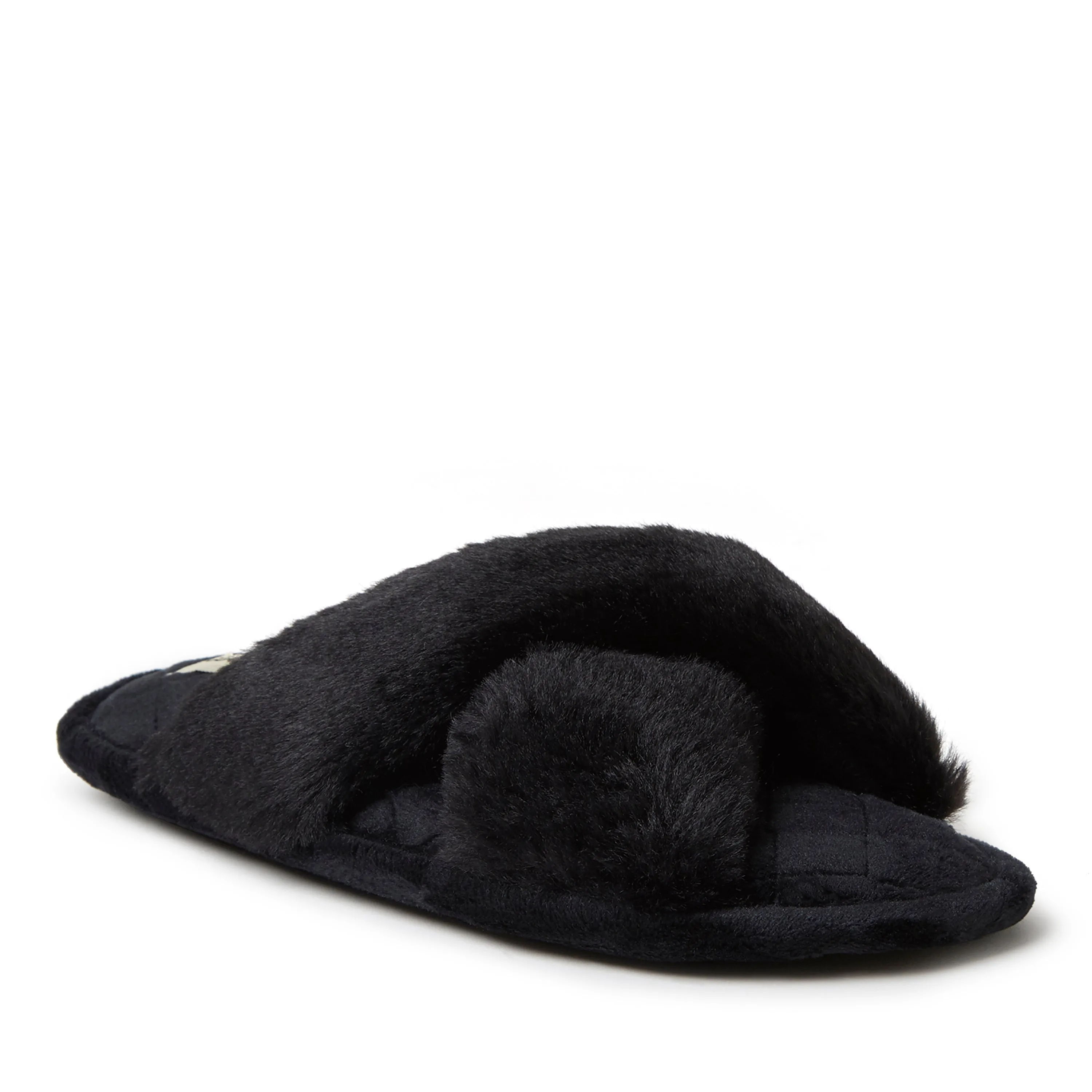Dearfoams Womens Jessica Furry Crossband Slide