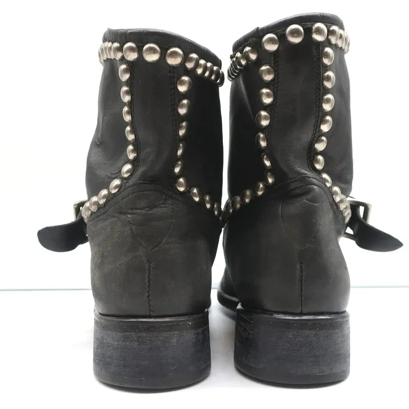 HTC Hollywood Trading Company Studded Biker Boots Black Leather Size 38