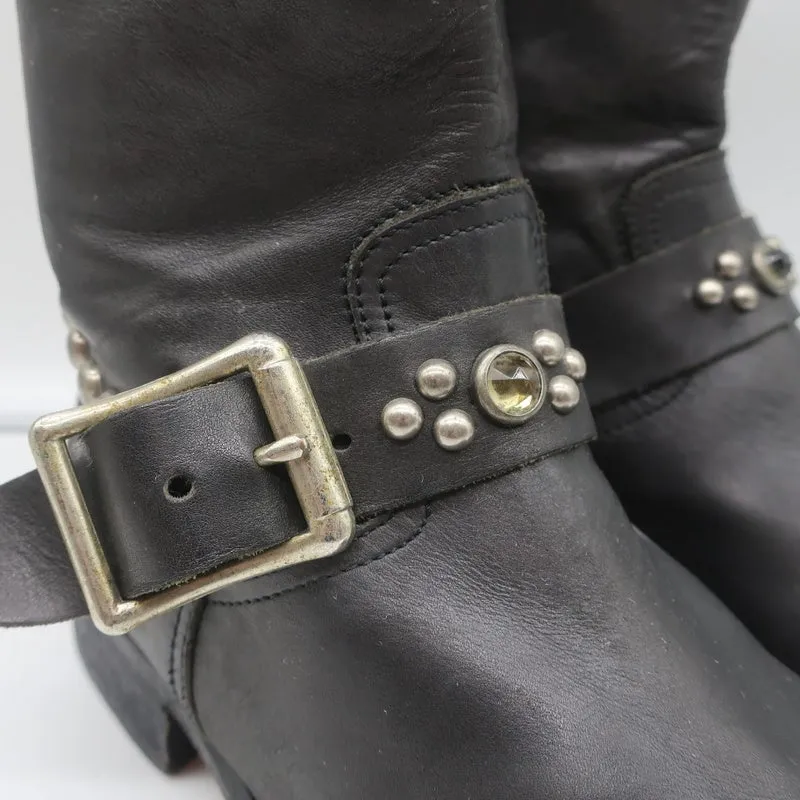 HTC Hollywood Trading Company Studded Biker Boots Black Leather Size 38