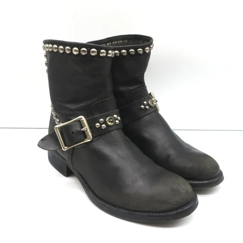 HTC Hollywood Trading Company Studded Biker Boots Black Leather Size 38