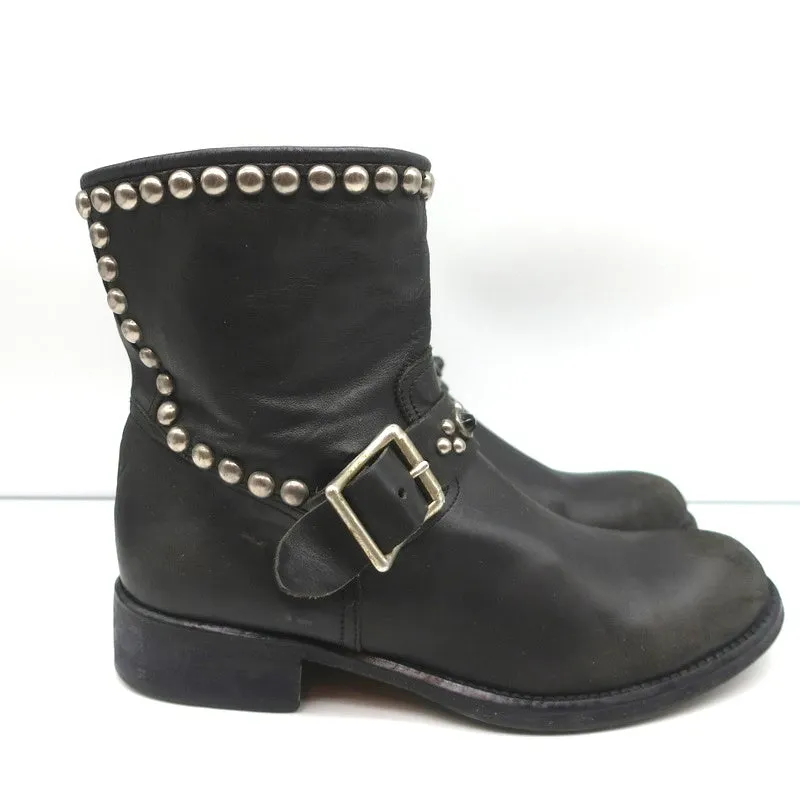 HTC Hollywood Trading Company Studded Biker Boots Black Leather Size 38