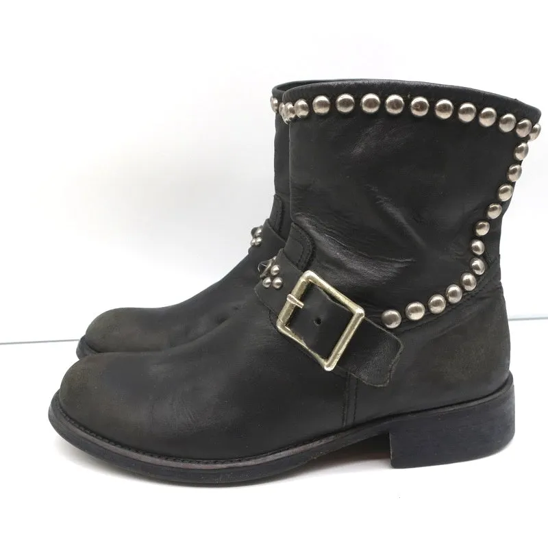 HTC Hollywood Trading Company Studded Biker Boots Black Leather Size 38