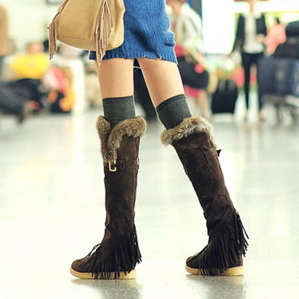 Russian Fringe Winter Plush Women Knee High Boots