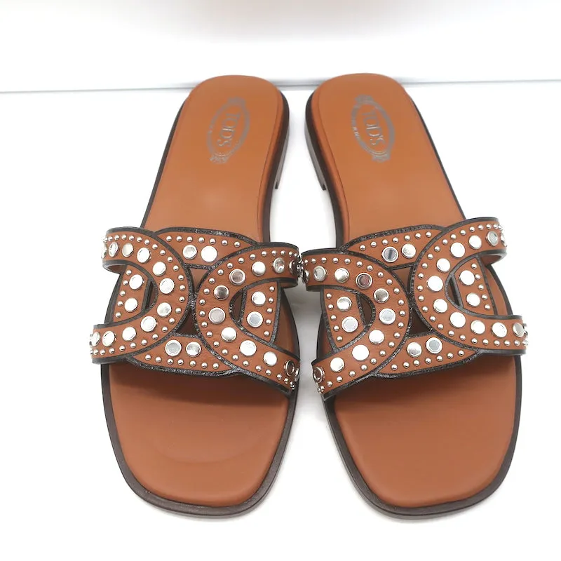 Tod's Kate Studded Slide Sandals Brown Leather Size 36.5 NEW