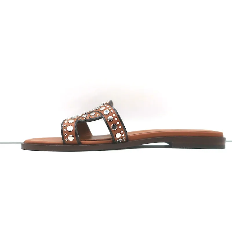 Tod's Kate Studded Slide Sandals Brown Leather Size 36.5 NEW