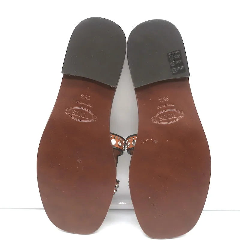 Tod's Kate Studded Slide Sandals Brown Leather Size 36.5 NEW