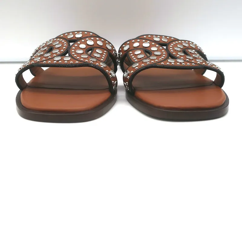 Tod's Kate Studded Slide Sandals Brown Leather Size 36.5 NEW