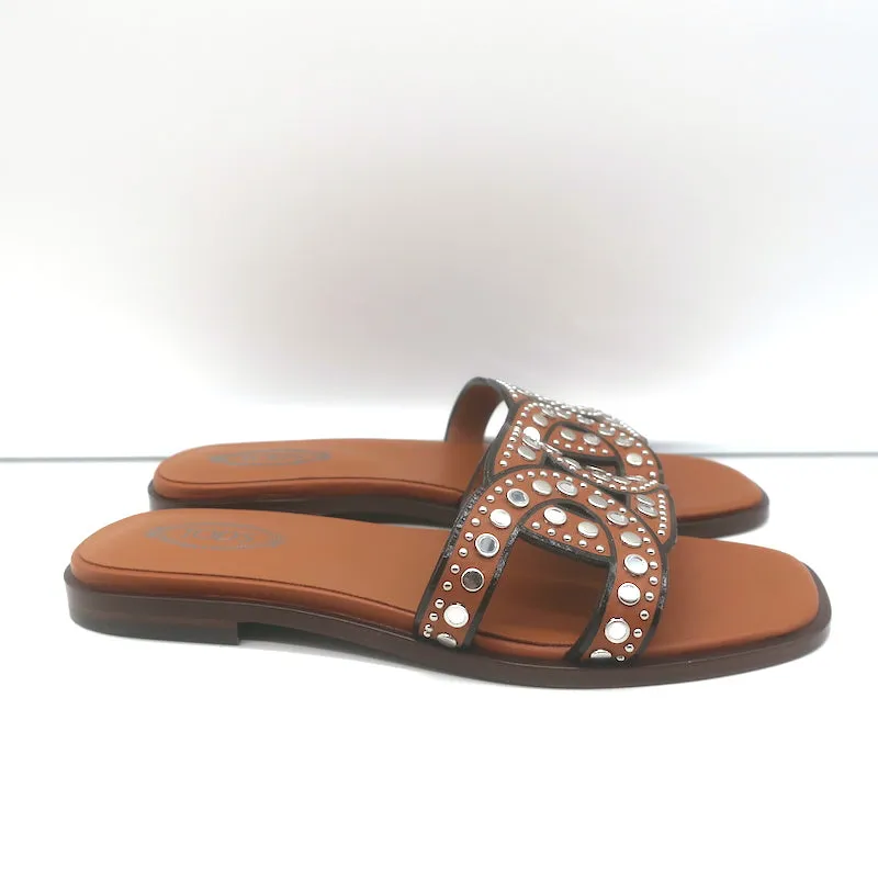 Tod's Kate Studded Slide Sandals Brown Leather Size 36.5 NEW