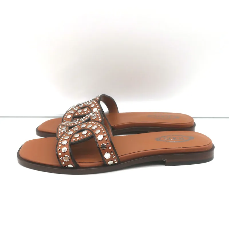Tod's Kate Studded Slide Sandals Brown Leather Size 36.5 NEW